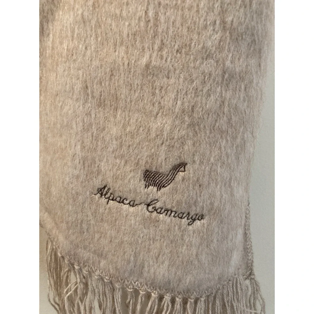 Alpaca Camargo Scarf Peru Embroidered‎ Logo Tan Beige Ultra Soft Fringe